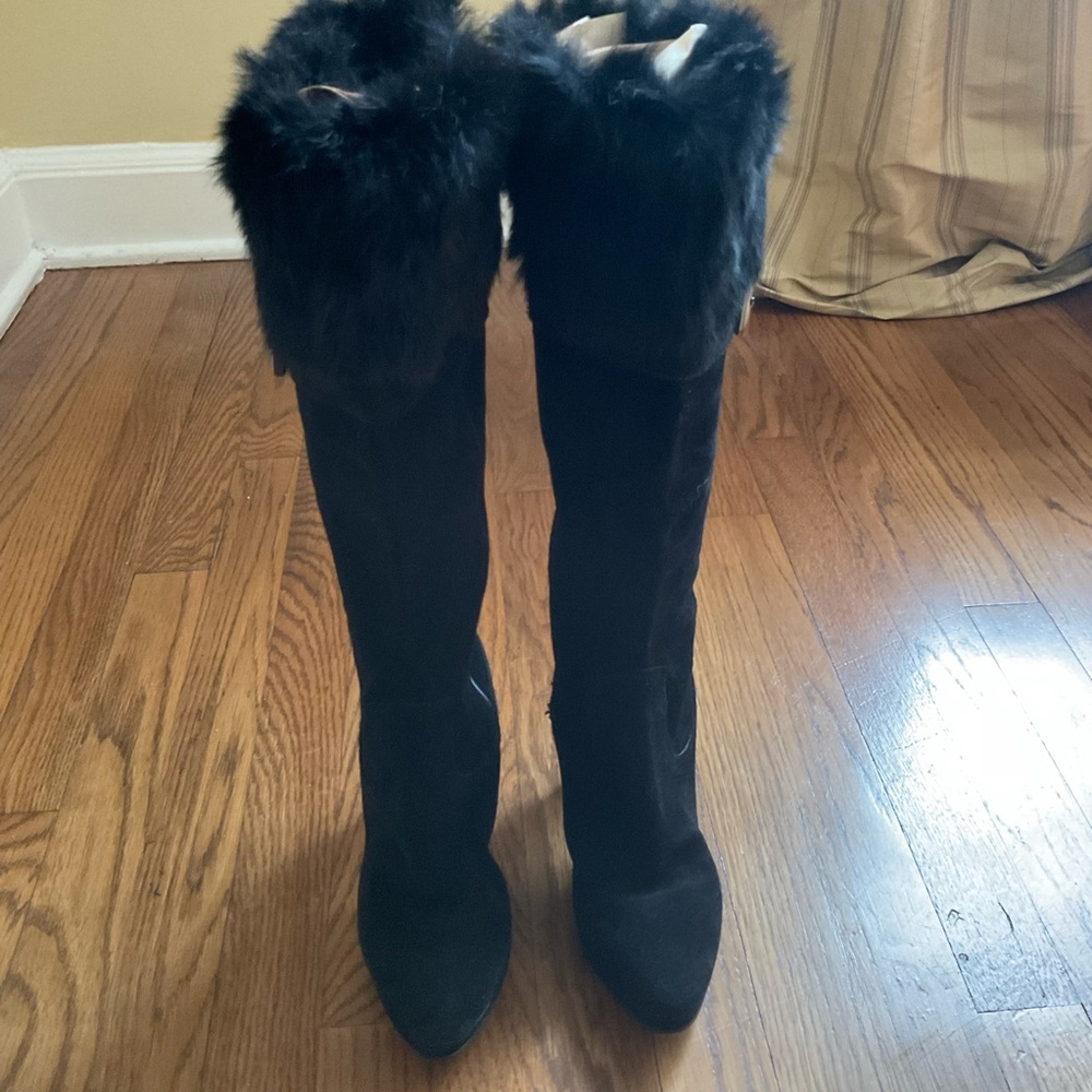 Black suede knee length boots with fur trim. Made in Italy, size 8